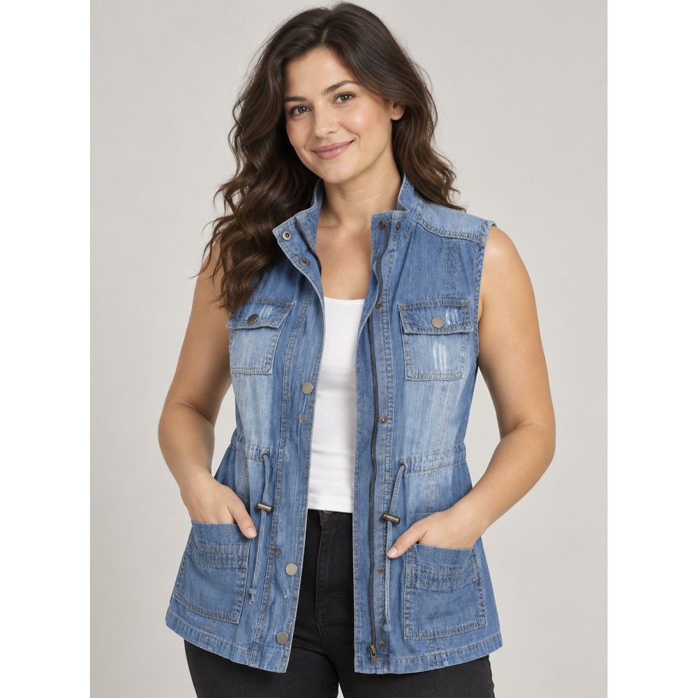 Live A Little Blue Denim Utility Vest Drawstring Waist Distressed 53302 Medium